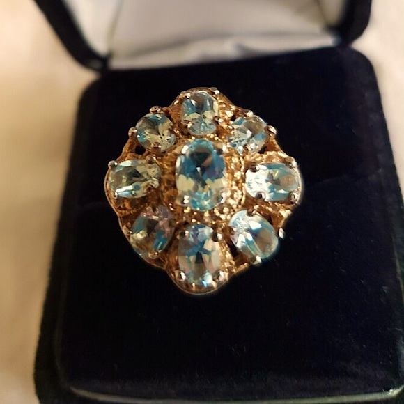 Vintage Aquamarine 925 M Cluster Rare Floral Antique Cluster Ring - Picture 10 of 10